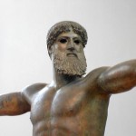 Bronze statue of deity, either Poseidon or Zeus, about to hurl (missing) bolt. Height: 2.1 m. ca. 460 BC. Found in shipwreck off Cape Artemisium. Athens National Archaeological Museum