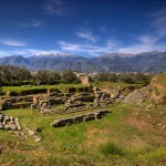 The theater of ancient Sparta with Mt. Taygetus in the background.
