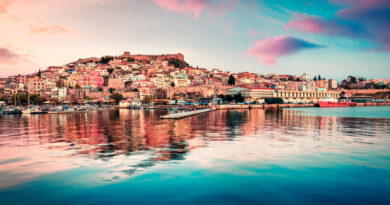 Coloful evening view of Kavala city, the principal seaport of eastern Macedonia and the capital of Kavala, Greece