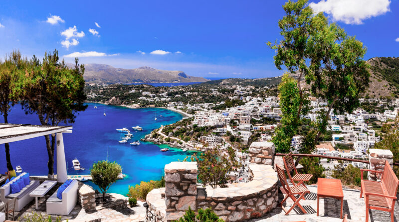 Panoramic view from a cafe in Leros island, Dodecanese Greece