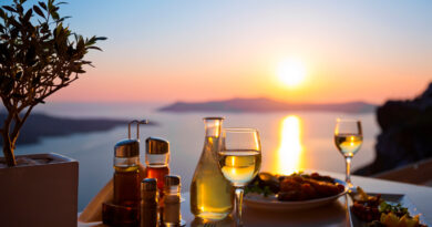 Dinner for two at the caldera, sunset in Santorini, Greece