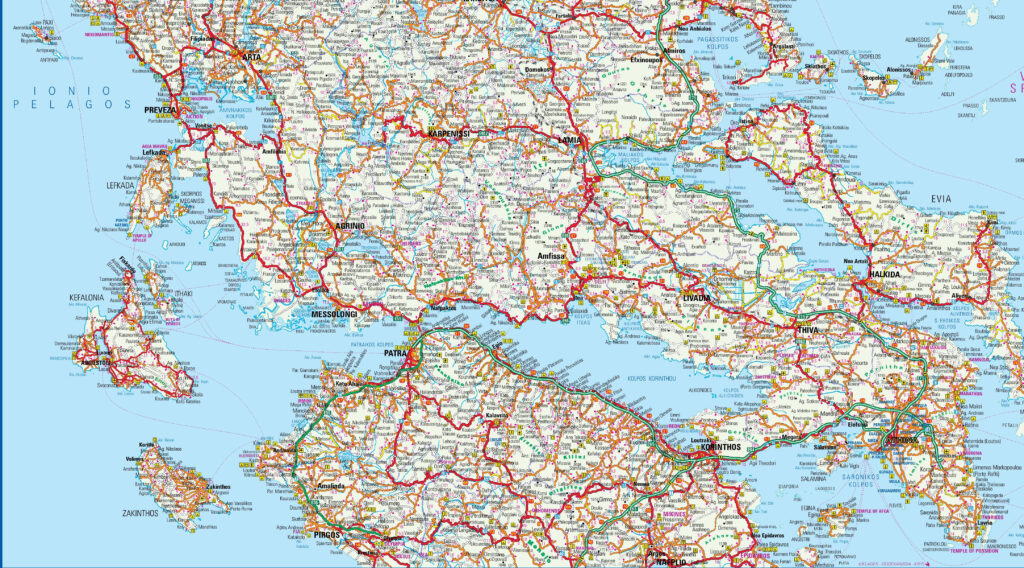 Map of Central Greece with cities and towns