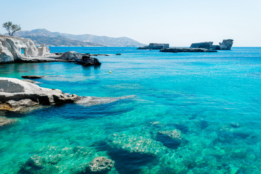 Karas beach with blue waters in Kimolos Cyclades Greece