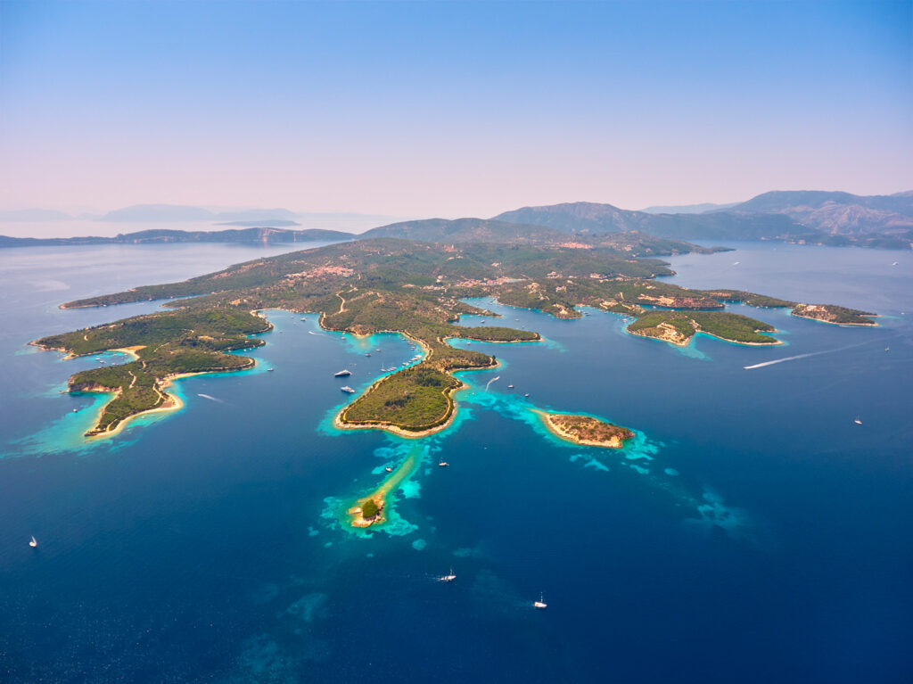 Magical aerial view of Meganisi island, Ionian Sea Greece