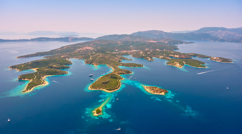 Magical aerial view of Meganisi island, Ionian Sea Greece