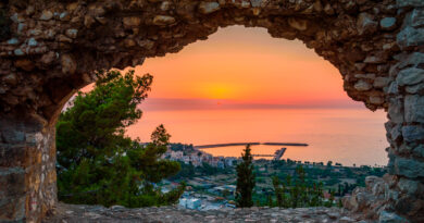 Breathtaking view from the castle over the coastal town of Kyparissia at sunset, Messenia Peloponnese Greece