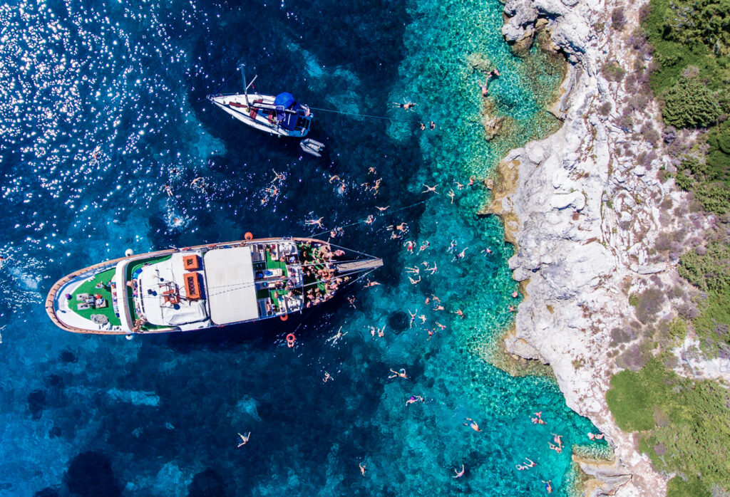 Boat trip to Antipaxos island from Gaios port in Paxos, near Corfu, Ionian Sea Greece