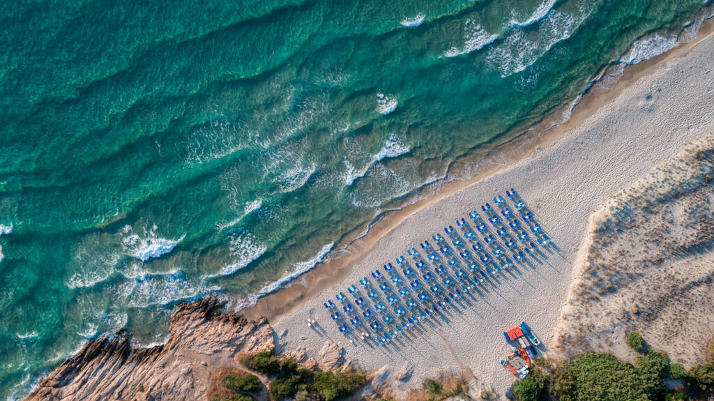 Aerial view of Paradise beach in Thassos island, North Aegean Sea Greece