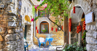 Travel to Chios Greece - Stone paved street in Mesta village on southern Chios