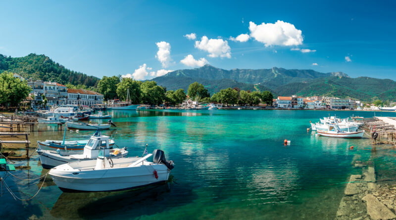Panoramic view of Limenas Thassou, capital and main port of Thassos island, North Aegean Sea Greece