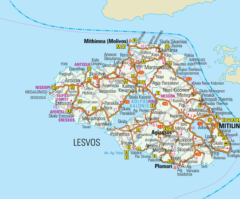 Map of Lesvos (Lesbos), Greece