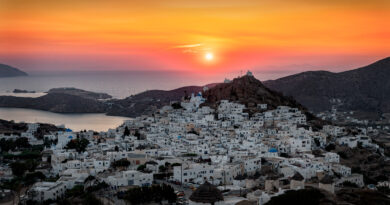 Panoramic summer sunset, view above Chora Ios, Cyclades Greece