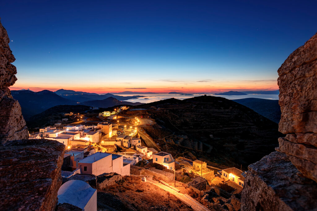 Beautiful view after sunset from the castle of Chora in Amorgos island Greece