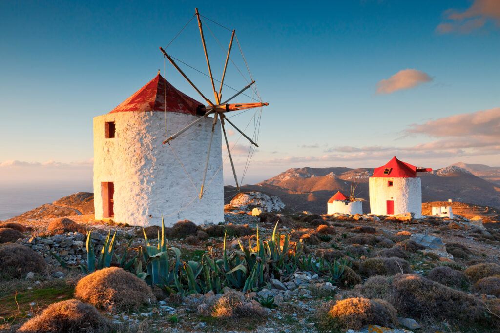 Traditional windmills near Chora village on Amorgos island in Greece