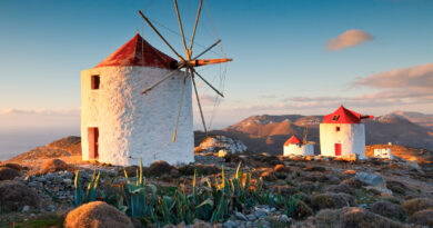 Traditional windmills near Chora village on Amorgos island in Greece
