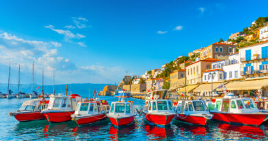 Hydra port in Argo Saronic Gulf Greece - Traditional taxiboats in port