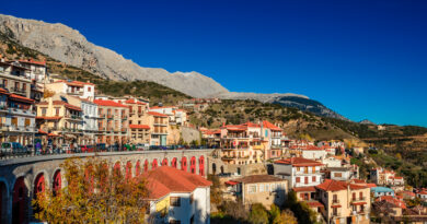 Arachova is famous for its panoramic view uphill small houses and the cobbled streets show a picturesque architecture at Parnassos Mountain Boeotia Greece