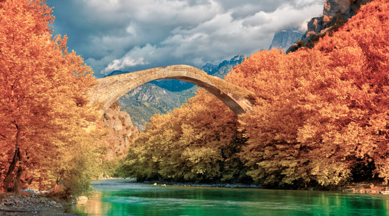 Aoos river near Konitsa, old stone bridge, Epirus Greece