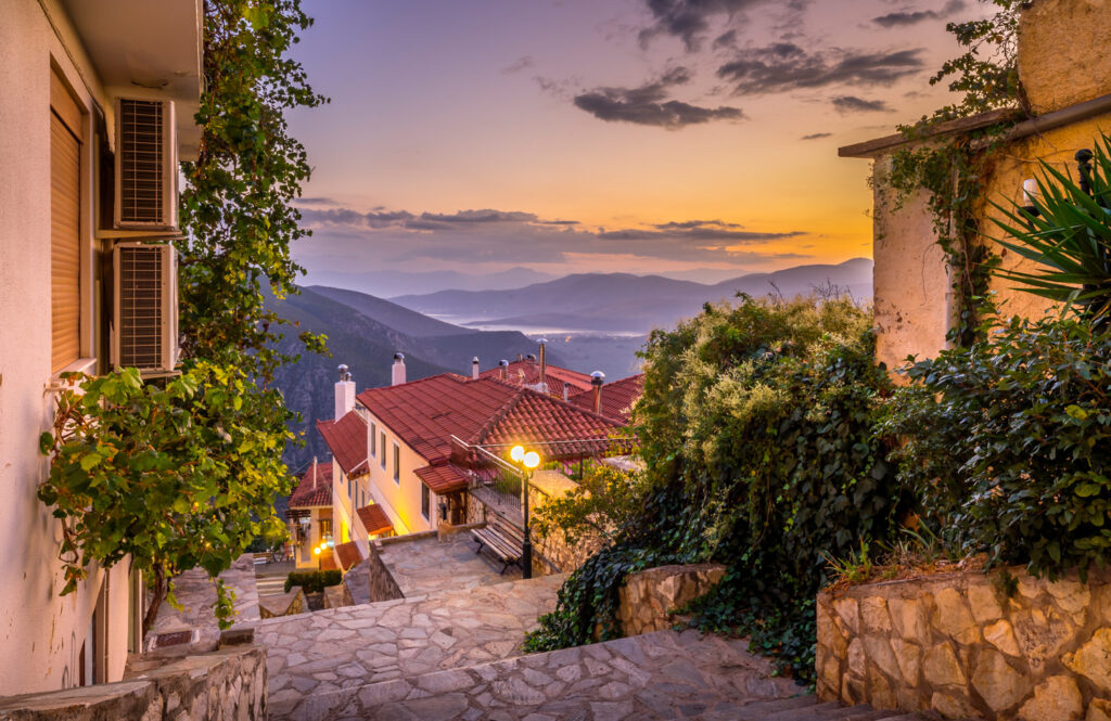 Delphi town - evening view of quiet street, Central Greece