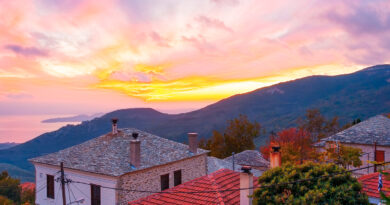 sunset view from Agios Lavrendios village on Pelion mountain in Thessaly Greece