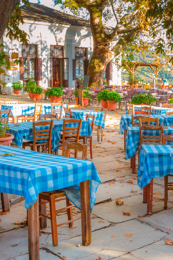 typical greek tavern, view at Makrinitsa village of Pelion Greece