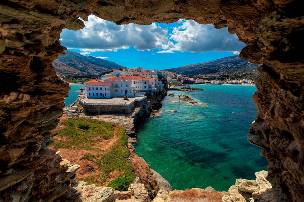View from the rock of the ancient fortress in Chora Andros, Andros island, Cyclades, Greece