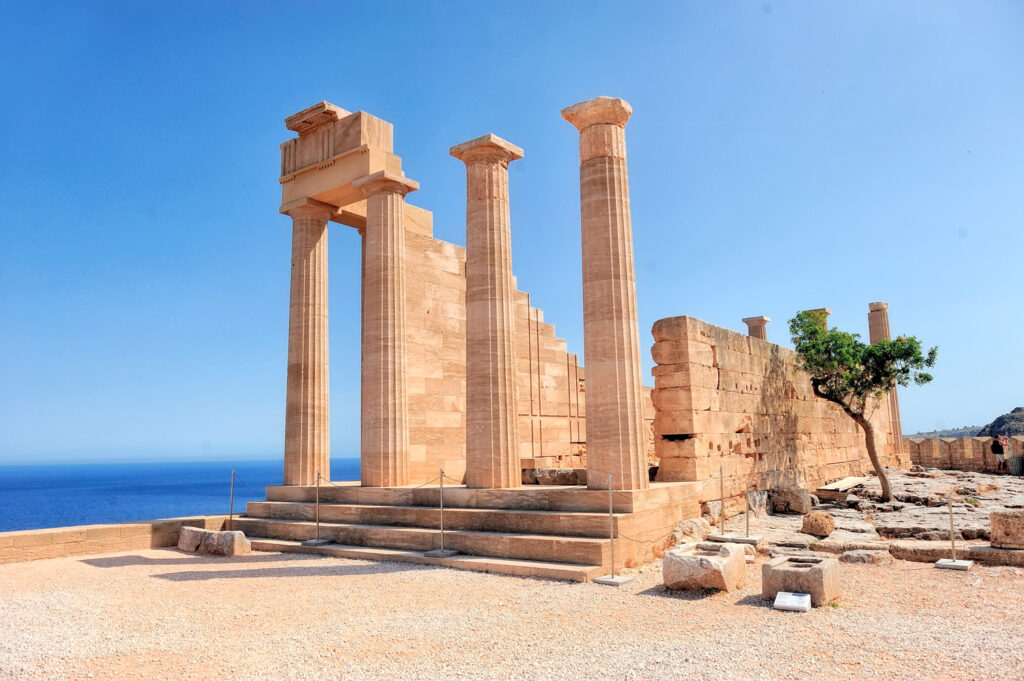 Temple at Lindos Acropolis, Rhodes island, Dodecanese Greece