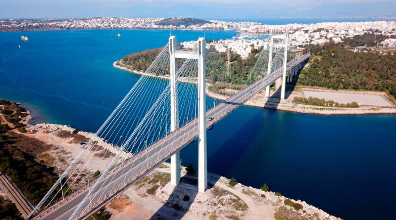 Aerial view of the new suspension bridge in Chalkida city connecting Evia with mainland Greece