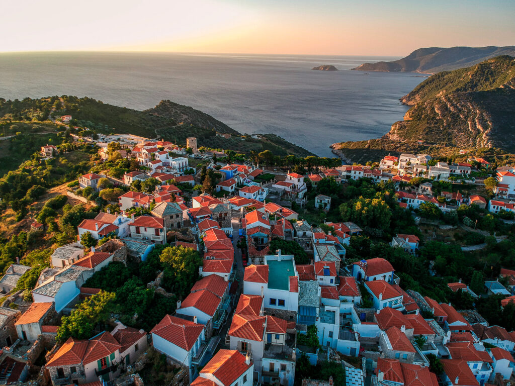 Panoramic view above Chora Alonissos, Sporades Islands, Greece