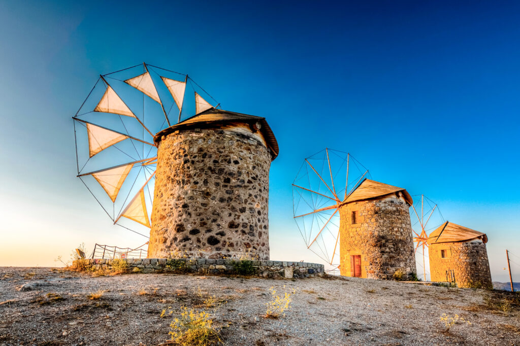 Windmills in Chora Patmos, Dodecanese Greece
