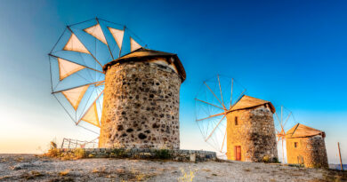 Windmills in Chora Patmos, Dodecanese Greece