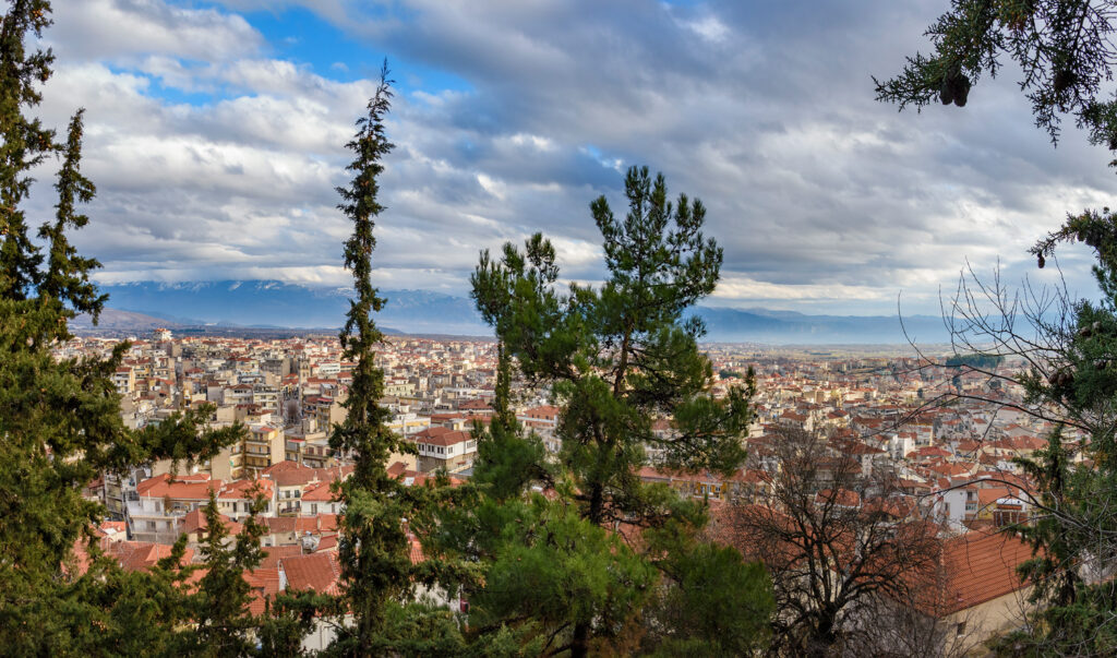 Aerial panoramic cityscape view of the wonderful Kozani city in Macedonia - Greece