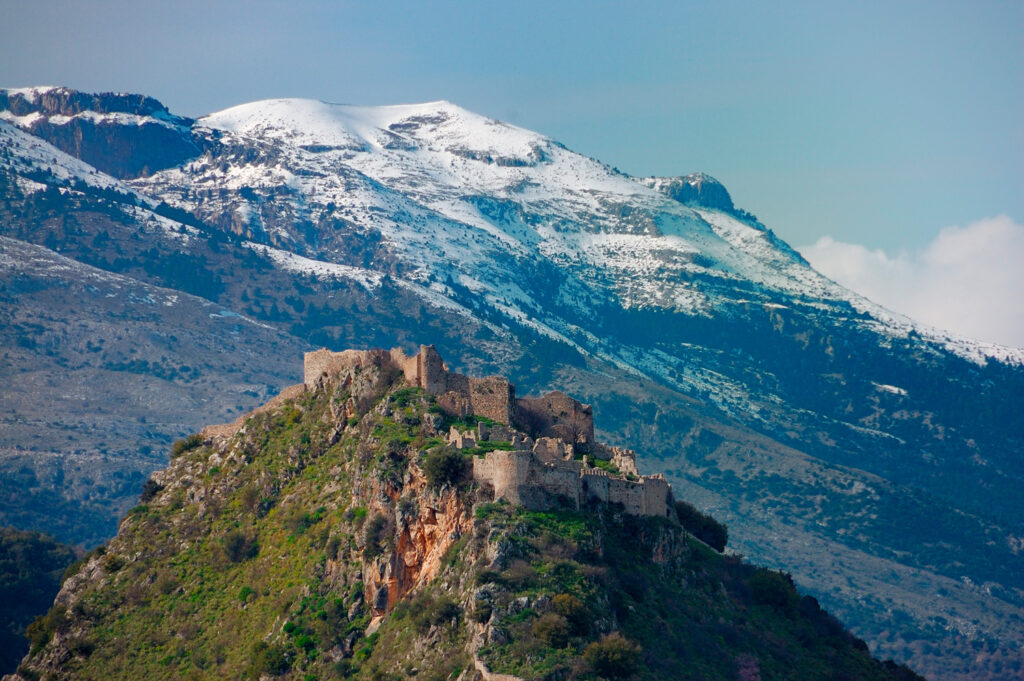 Mystras Castle, and Taygetus mountain on the backdrop, Peloponnese Greece