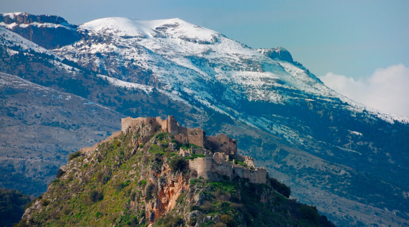 Mystras Castle, and Taygetus mountain on the backdrop, Peloponnese Greece