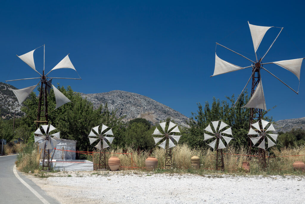 Old windmills on the Lassithi Plateau in Crete, Greece