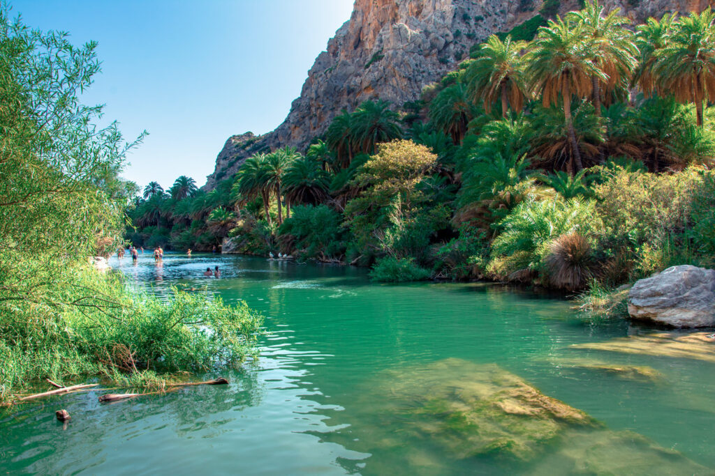 View of Kourtaliotis river and canyon near Preveli beach at Libyan sea, river and palm forest, southern Crete, Greece
