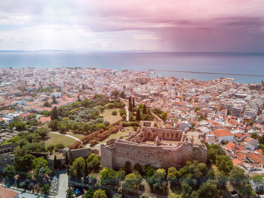 Aerial view of famous town and castle of Patras, Achaia, Peloponnese, Greece