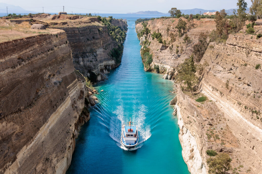 Ship passing through the Corinth Canal in Greece