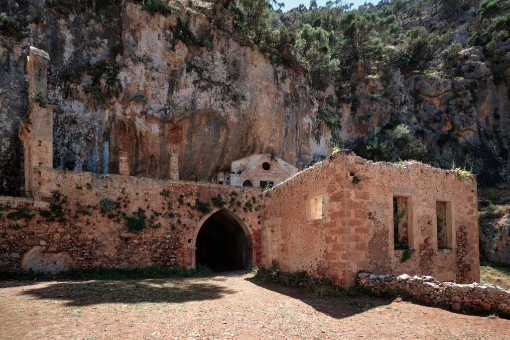 Riuns of the abandoned Katholiko monastery in Avlaki Gorge, Akrotiri peninsula, Chania region in Crete, Greece