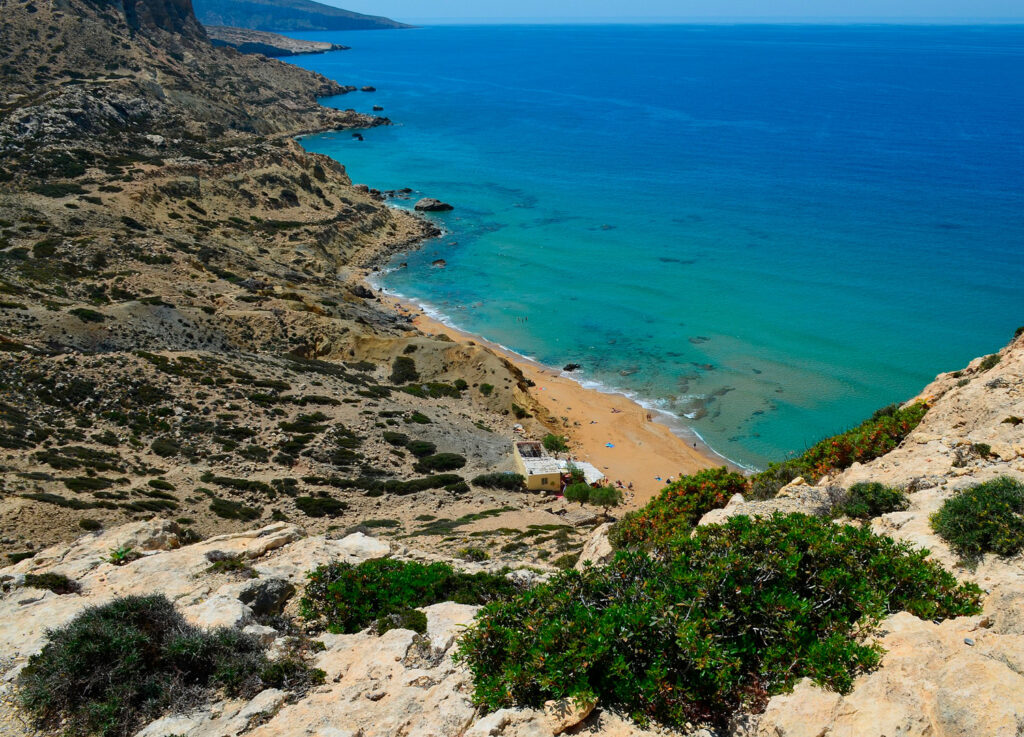 Overview of Matala beach, south coast of Crete, Heraklion Prefecture, Greece